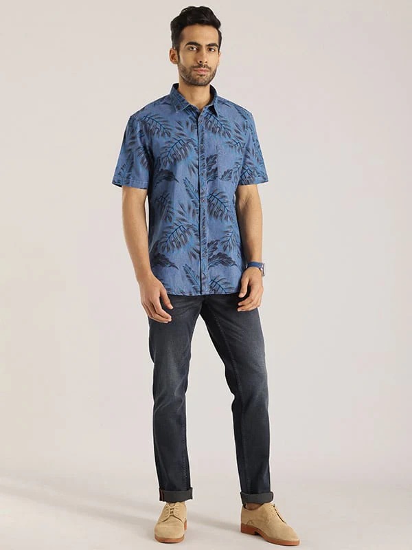 Indian Terrain Men Tropical Print Blue Shirt